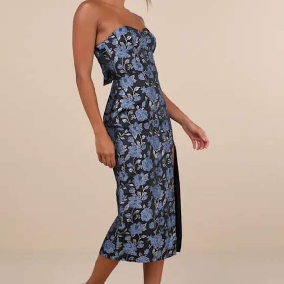 Lulus Beloved Belle Black Multi Jacquard Strapless Bow Midi Dress - Size S - Picture 4 of 4